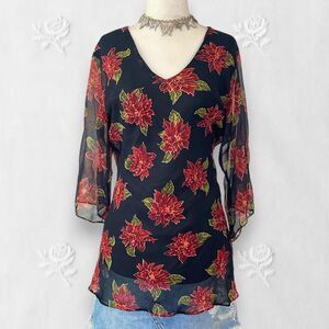 Witchy Whimsygoth Black Red Beaded Sheer Mesh 3/4 Sleeve Blouse XL Petite